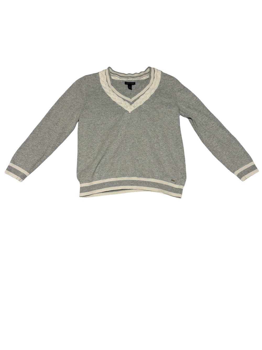 Tommy Hilfiger Cable Trim V-Neck Sweater Gray Cream Women’s Large